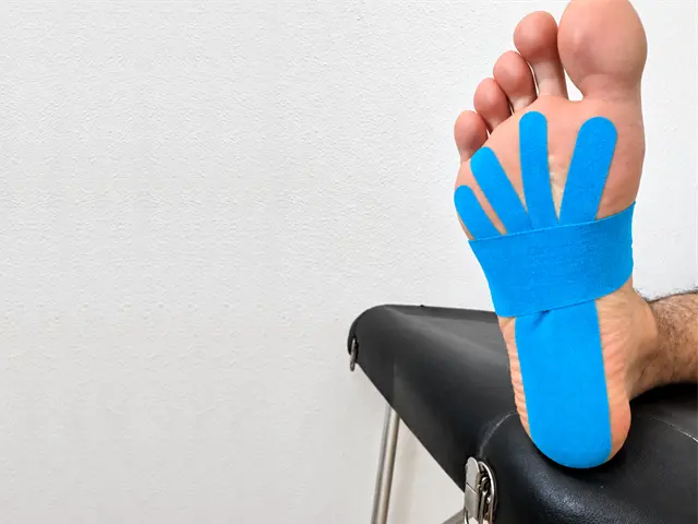 Pie con vendaje neuromuscular azul y rosa en el tobillo, el arco y el antepié